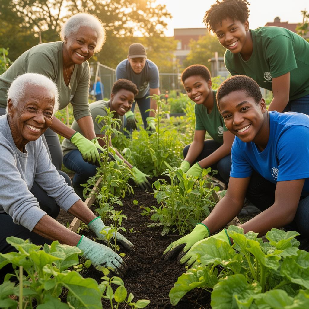 Volunteers of all ages gardening together