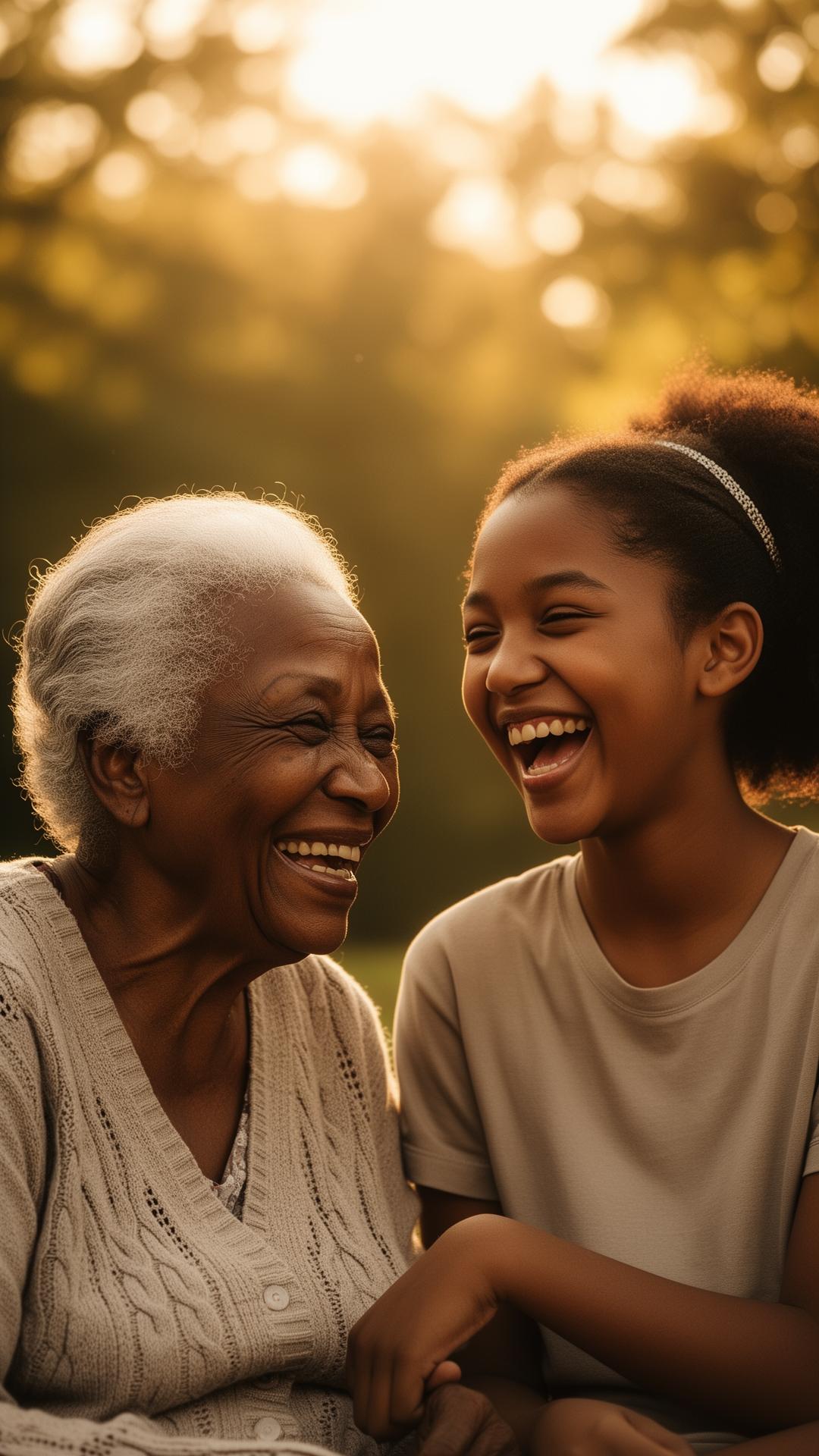 An older woman and a young woman sharing a joyful moment together